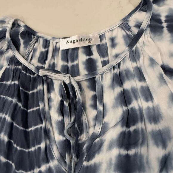 Angashion Tie Front V Neck Blue Tie Dye Short Sleeve Top Women’s Large Summer - Picture 3 of 5
